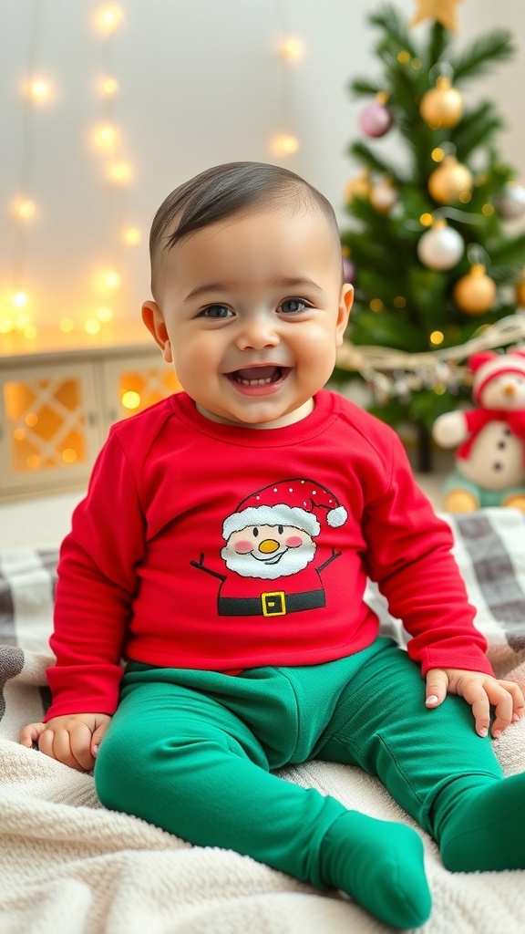 A joyful baby boy in a Santa-themed onesie and green pants, sitting on a blanket with Christmas decorations.
